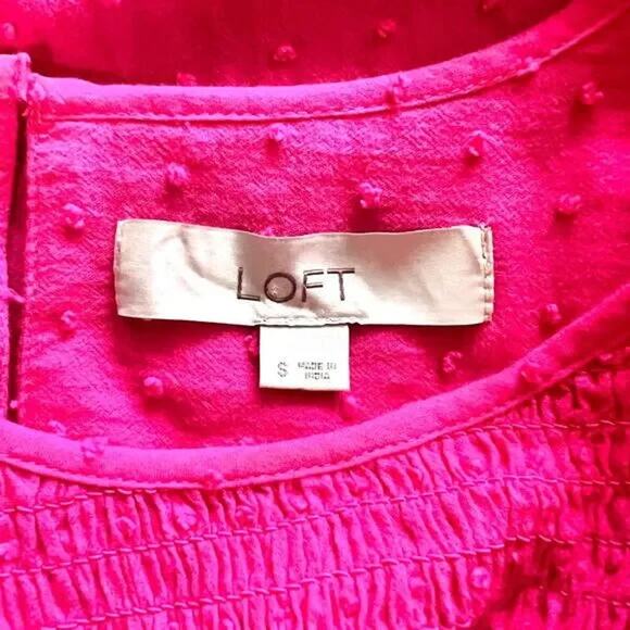 Loft Top Women's S Long Sleeve Swiss Dot Ruffles Smocked Preppy Pink Coquette - Picture 4 of 7